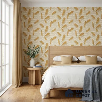 88486-2 | Gold & Beige Falling Feathers PVC Patterned Wallpaper - 5 Meter x 42 Inch, 57 Sq. Ft. (Min. 15% Wastage)