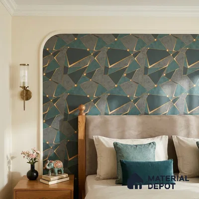 88504-3 | Teal Faceted Triangle Gold Geometric Look Wallpaper 5 Meter x 42 Inch PVC - 57 Sq. Ft. | Minimum 15% wastage during installation