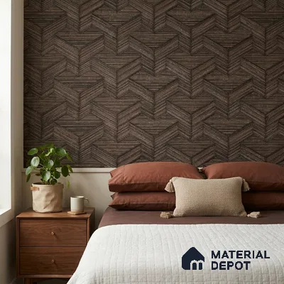 81295-5 | Dark Wenge Brown Herringbone Weave Wood PVC Patterned Wallpaper - 5 Meter x 42 Inch, 57 Sq. Ft. (Min. 15% Wastage)