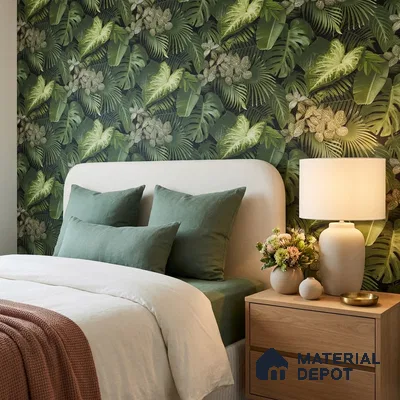 74016-3 | Green Palm Jungle PVC Floral Wallpaper - 5 Meter x 42 Inch, 57 Sq. Ft. (Min. 15% Wastage)