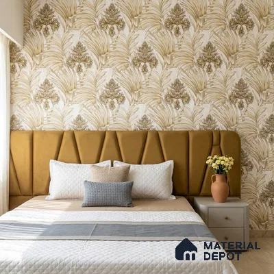 TC 729 | Cream Gold Palm Damask Floral Wallpaper - 5 Meter x 42 Inch, 57 Sq. Ft.