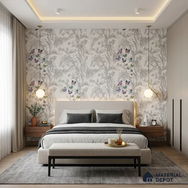 TC 798 | Grey Pastel Butterfly Fern Floral Wallpaper - 5 Meter x 42 Inch, 57 Sq. Ft.