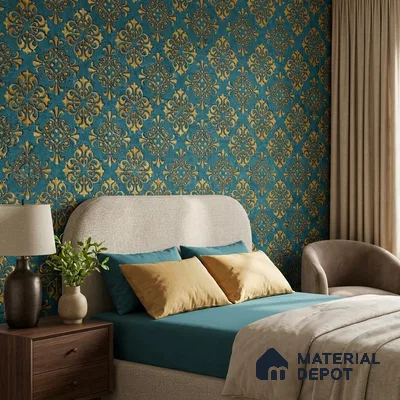 2113 -1 | Teal & Gold Quatrefoil Medallion Damask Patterned Wallpaper - 10 Meter x 21 Inches, 57.41 Sq. Ft.