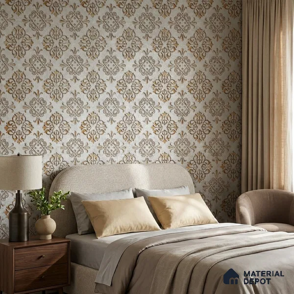 2113 -4 | Grey & Brown Quatrefoil Medallion Damask Patterned Wallpaper - 10 Meter x 21 Inches, 57.41 Sq. Ft.