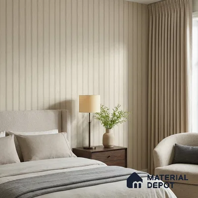 88546-2 | Warm Beige Metallic Pinstripe PVC Patterned Wallpaper - 5 Meter x 42 Inch, 57.41 Sq. Ft. (Min. 15% Wastage)