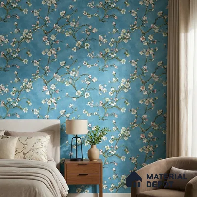OR05-4 | Teal Blue Almond Blossom PVC Floral Wallpaper - 5 Meter x 42 Inch, 57 Sq. Ft. (Min. 15% Wastage)