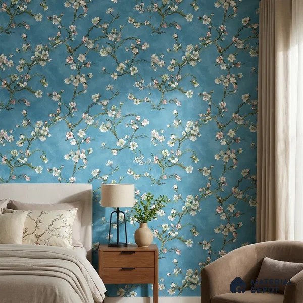 OR05-4 | Teal Blue Almond Blossom PVC Floral Wallpaper - 5 Meter x 42 Inch, 57 Sq. Ft. (Min. 15% Wastage)