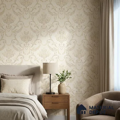 OR09-2 | Off-White Classic Scroll Damask PVC Patterned Wallpaper - 5 Meter x 42 Inch, 57 Sq. Ft. (Min. 15% Wastage)