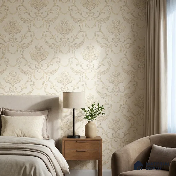 OR09-2 | Off-White Classic Scroll Damask PVC Patterned Wallpaper - 5 Meter x 42 Inch, 57 Sq. Ft. (Min. 15% Wastage)