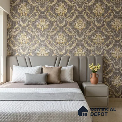 OR09-1 | Brown & Gold Floral Wreath Damask PVC Patterned Wallpaper - 5 Meter x 42 Inch, 57 Sq. Ft. (Min. 15% Wastage)