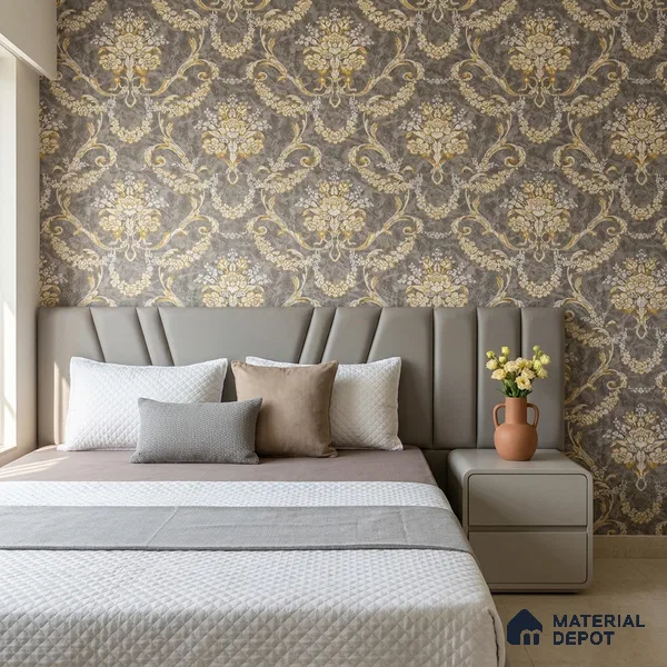 OR09-1 | Brown & Gold Floral Wreath Damask PVC Patterned Wallpaper - 5 Meter x 42 Inch, 57 Sq. Ft. (Min. 15% Wastage)