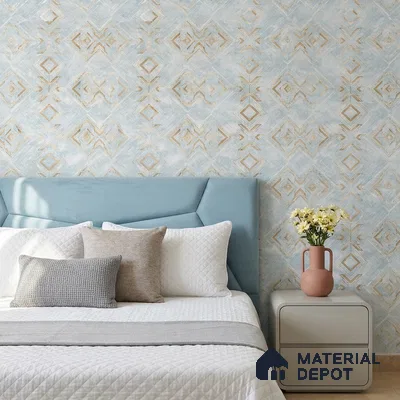 WP1333 | Pale Blue & Gold Diamond Trellis Patterned Wallpaper - 9.5 Meter x 21 Inches, 55 Sq. Ft. (Min. 15% Wastage)