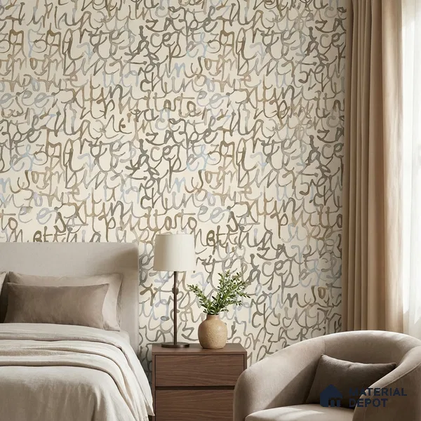 SO27073 | Beige Multicolour Calligraphy Script Abstract Look Wallpaper 10 Meter x 21 Inches - 57.41 Sq. Ft.