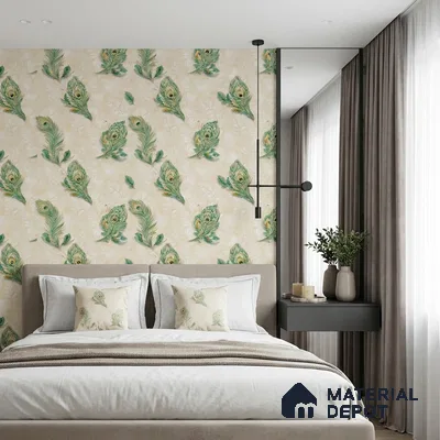 17-555-17 | Cream Peacock Feather Patterned Wallpaper - 10 Meter x 21 Inches, 57.41 Sq. Ft.