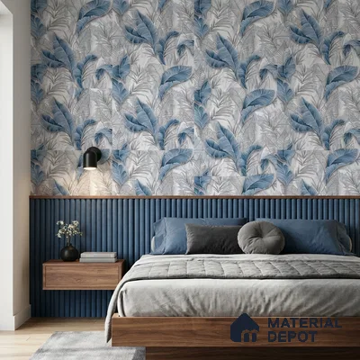 25-555-25 | Denim Blue Banana Leaf Floral Wallpaper - 10 Meter x 21 Inches, 57.41 Sq. Ft.