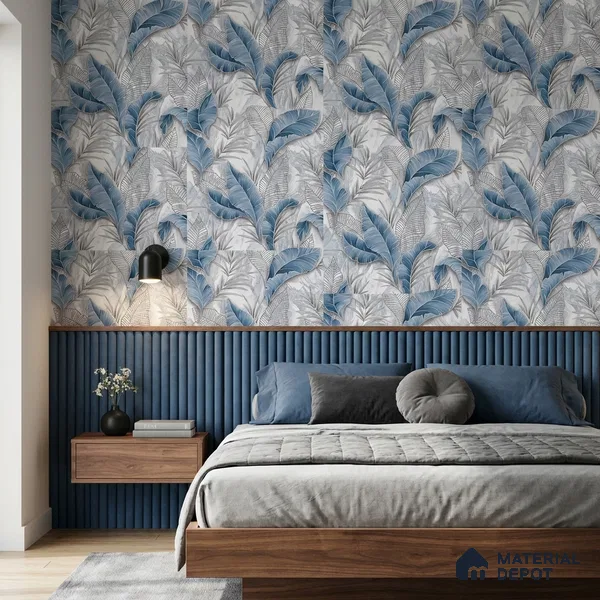 25-555-25 | Denim Blue Banana Leaf Floral Wallpaper - 10 Meter x 21 Inches, 57.41 Sq. Ft.