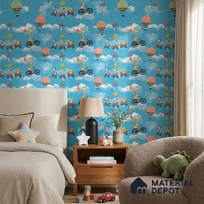KD4001-4 | Sky Blue Hot Air Balloon Parade Non Woven Kids Room Wallpaper - 10 Meter x 21 Inches, 57.41 Sq. Ft. (Min. 15% Wastage)