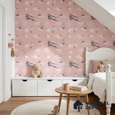 KD4012-3 | Blush Pink Airplane & Balloon Non Woven Kids Room Wallpaper - 10 Meter x 21 Inches, 57.41 Sq. Ft. (Min. 15% Wastage)