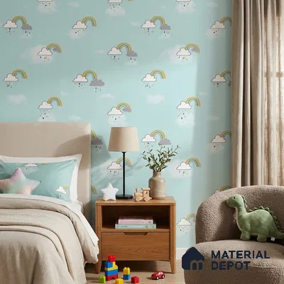 KD4030-2 | Mint Green Cloud & Rainbow Non Woven Kids Room Wallpaper - 10 Meter x 21 Inches, 57.41 Sq. Ft. (Min. 15% Wastage)