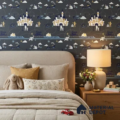 KD4090-4 | Navy Multicolour Night Village Non Woven Kids Room Wallpaper - 10 Meter x 21 Inches, 57.41 Sq. Ft. (Min. 15% Wastage)