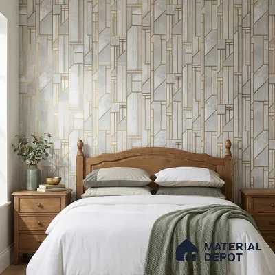 WK25-2514 | White & Gold Art Deco Panel Patterned Wallpaper - 10 Meter x 21 Inches, 57.41 Sq. Ft. (Min. 15% Wastage)