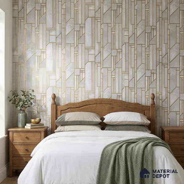 WK25-2514 | White & Gold Art Deco Panel Patterned Wallpaper - 10 Meter x 21 Inches, 57.41 Sq. Ft. (Min. 15% Wastage)