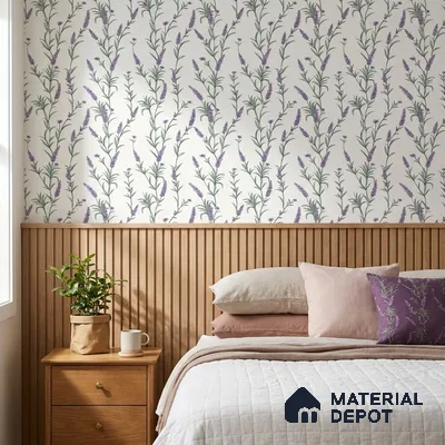 70250-1 | White Lavender Sprigs PVC Floral Wallpaper - 5 Meter x 42 Inch, 57 Sq. Ft. (Min. 15% Wastage)