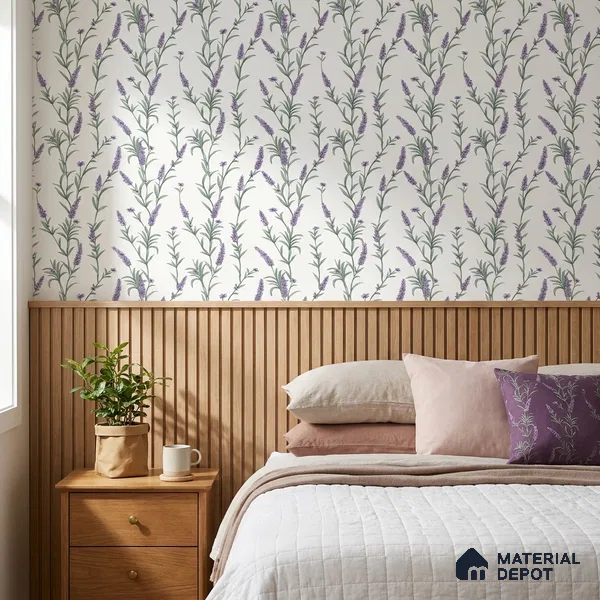 70250-1 | White Lavender Sprigs PVC Floral Wallpaper - 5 Meter x 42 Inch, 57 Sq. Ft. (Min. 15% Wastage)