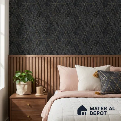 ST021002 | Charcoal Gold Diamond Facet PVC Geometric Wallpaper - 10.05 Meter x 20.86 Inches, 57.33 Sq. Ft. (Min. 15% Wastage)