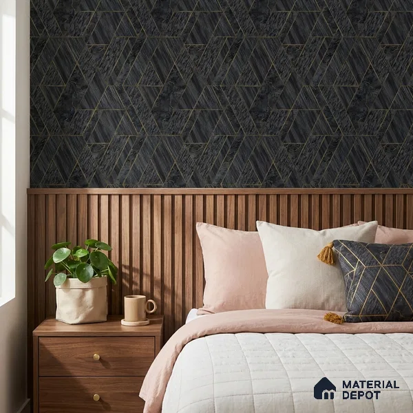 ST021002 | Charcoal Gold Diamond Facet PVC Geometric Wallpaper - 10.05 Meter x 20.86 Inches, 57.33 Sq. Ft. (Min. 15% Wastage)