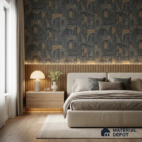 ST021024 | Charcoal Gold Arch Shapes PVC Geometric Wallpaper - 10.05 Meter x 20.86 Inches, 57.33 Sq. Ft. (Min. 15% Wastage)