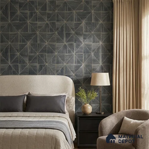 ST021059 | Ebony Gold Triangle Parquet PVC Geometric Wallpaper - 10.05 Meter x 20.86 Inches, 57.33 Sq. Ft. (Min. 15% Wastage)
