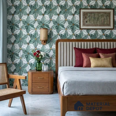 FE501-1 | Teal & White Floral Tile Mosaic PVC Patterned Wallpaper - 10 Meter x 21 Inch, 57 Sq. Ft. (Min. 15% Wastage)