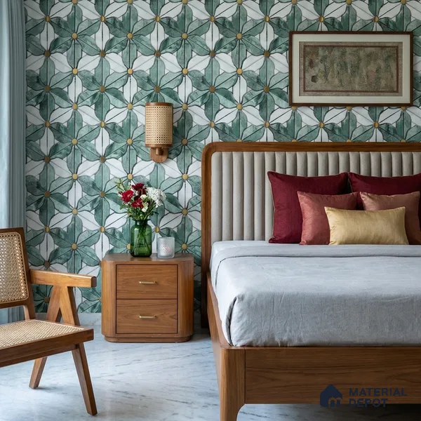 FE501-1 | Teal & White Floral Tile Mosaic PVC Patterned Wallpaper - 10 Meter x 21 Inch, 57 Sq. Ft. (Min. 15% Wastage)