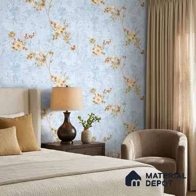 FE508-2 | Ice Blue Gold Blossom PVC Floral Wallpaper - 10 Meter x 21 Inch, 57 Sq. Ft. (Min. 15% Wastage)