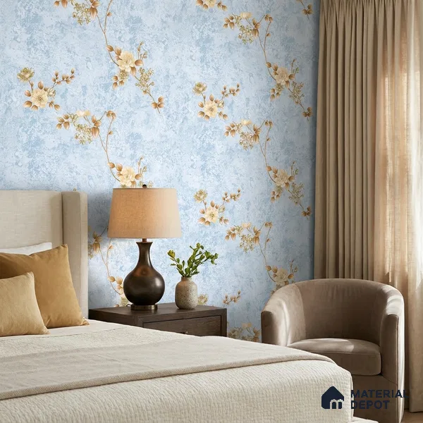 FE508-2 | Ice Blue Gold Blossom PVC Floral Wallpaper - 10 Meter x 21 Inch, 57 Sq. Ft. (Min. 15% Wastage)