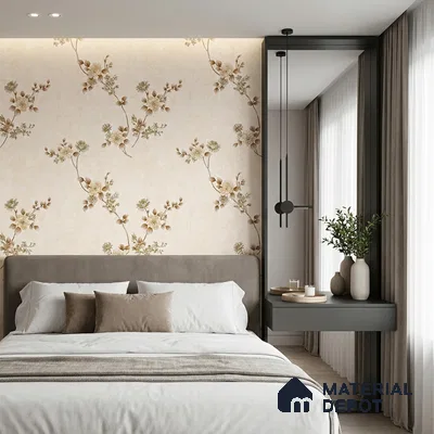 FE508-5 | Ivory Gold Blossom Sprig PVC Floral Wallpaper - 10 Meter x 21 Inch, 57 Sq. Ft. (Min. 15% Wastage)