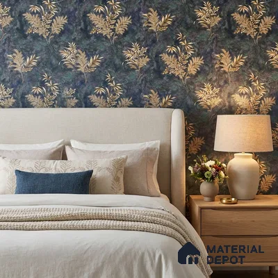 23850 | Navy Gilded Ferns Floral Wallpaper - 10 Meter x 21 Inches, 57.41 Sq. Ft. (Min. 15% Wastage)
