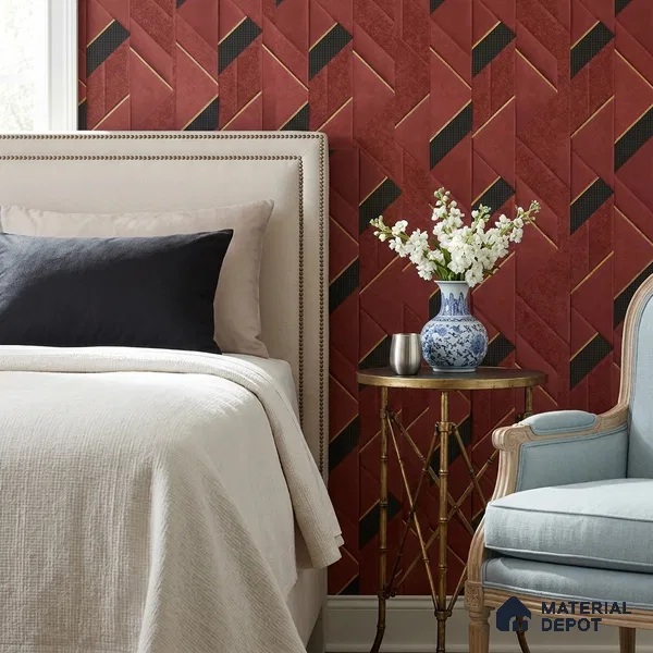 WK160-01 | Red & Black Leather Panel Facet Patterned Wallpaper - 10 Meter x 21 Inches, 57.37 Sq. Ft. (Min. 15% Wastage)
