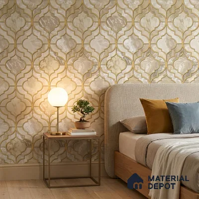1116 | Cream & Gold Ogee Marble Lattice Patterned Wallpaper - 10 Meter x 21 Inches, 57.37 Sq. Ft. (Min. 15% Wastage)
