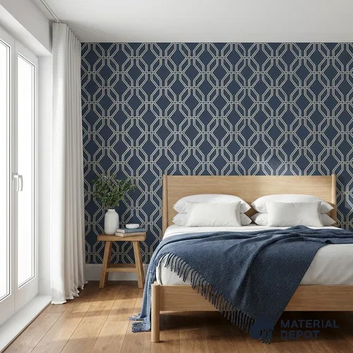 WK160-36 | Navy Trellis Metallic Geometric Wallpaper - 10 Meter x 21 Inches, 57.37 Sq. Ft. (Min. 15% Wastage)