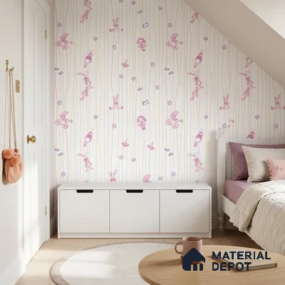 5191-1 | White Pastel Bunny Doodle Kids Look Wallpaper 4 Meter x 42 Inches - 45.94 Sq. Ft. | Minimum 15% wastage during installation