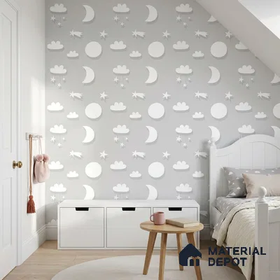 5186-1 | Grey Pastel Moon Star Scatter Kids Look Wallpaper 4 Meter x 42 Inches - 45.94 Sq. Ft. | Minimum 15% wastage during installation