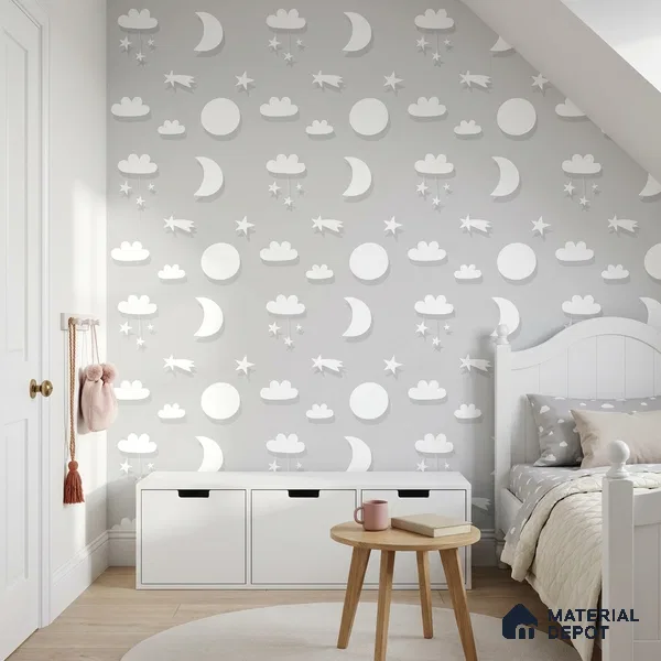 5186-1 | Grey Pastel Moon Star Scatter Kids Look Wallpaper 4 Meter x 42 Inches - 45.94 Sq. Ft. | Minimum 15% wastage during installation