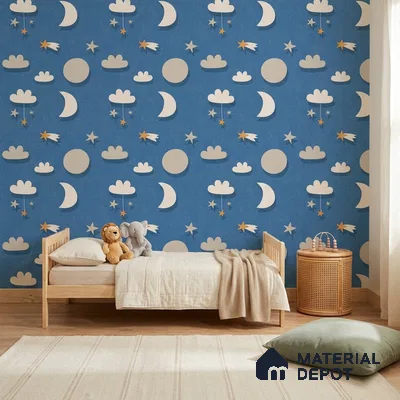 5186-2 | Navy Blue Moon Star Scatter Kids Look Wallpaper 4 Meter x 42 Inches - 45.94 Sq. Ft. | Minimum 15% wastage during installation