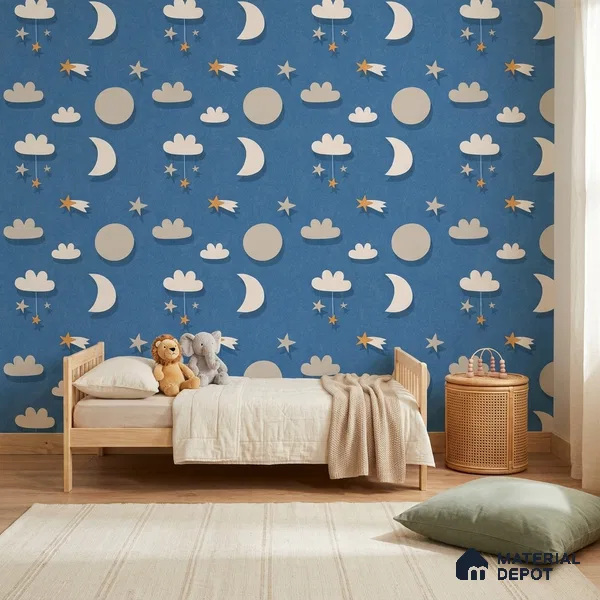 5186-2 | Navy Blue Moon Star Scatter Kids Look Wallpaper 4 Meter x 42 Inches - 45.94 Sq. Ft. | Minimum 15% wastage during installation
