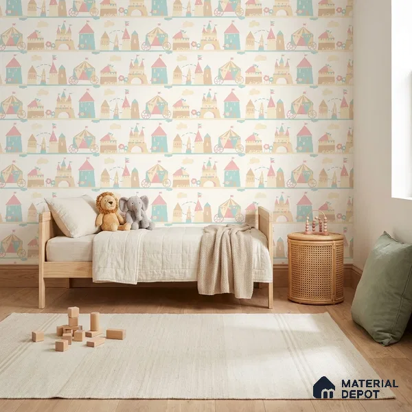 5171-1 | Cream Pastel Fairytale Castle Kids Look Wallpaper 4 Meter x 42 Inches - 45.94 Sq. Ft. | Minimum 15% wastage during installation