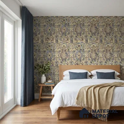 WK160-05 | Blue Floral Damask Patterned Wallpaper - 10 Meter x 21 Inches, 57.37 Sq. Ft. (Min. 15% Wastage)