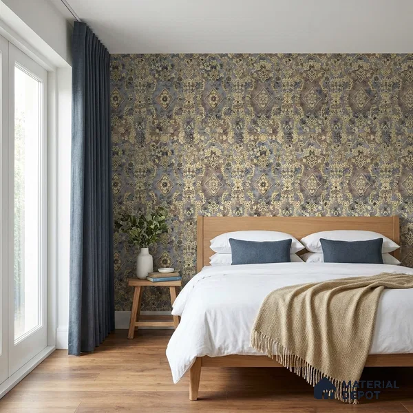 WK160-05 | Blue Floral Damask Patterned Wallpaper - 10 Meter x 21 Inches, 57.37 Sq. Ft. (Min. 15% Wastage)