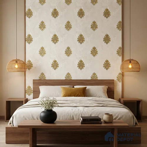 170-41 | Off-White & Gold Damask Bouquet Patterned Wallpaper - 9.6 Meter x 20.87 Inches, 54.77 Sq. Ft. (Min. 15% Wastage)